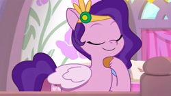 Size: 3410x1920 | Tagged: safe, screencap, pipp petals, pegasus, pony, g5, my bananas, my little pony: tell your tale, spoiler:g5, spoiler:my little pony: tell your tale, spoiler:tyts01e21, eyes closed, female, headband, high res, jewelry, mare, regalia, smiling, solo, youtube link