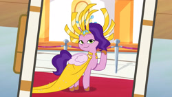 Size: 3410x1920 | Tagged: safe, screencap, pipp petals, pegasus, pony, g5, my bananas, my little pony: tell your tale, spoiler:g5, spoiler:my little pony: tell your tale, spoiler:tyts01e21, cellphone, clothes, crown, dress, female, headdress, high res, jewelry, mare, phone, pipp petals always dresses in style, regal, regalia, smartphone, smiling, solo, youtube link