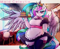 Size: 3401x2765 | Tagged: safe, artist:canvymamamoo, princess celestia, alicorn, anthro, g4, big breasts, blushing, breasts, busty princess celestia, cafe, cake, cake slice, chair, clothes, cuffs (clothes), cupcake, ear fluff, eyebrows, eyebrows visible through hair, eyeshadow, female, food, heart, heart eyes, high res, holding, jewelry, lidded eyes, looking at you, maid, maidlestia, makeup, regalia, serving tray, smiling, smug, solo, spread wings, stockings, table, thigh highs, wide hips, wingding eyes, wings