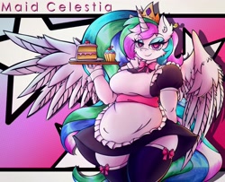 Size: 3401x2765 | Tagged: safe, alternate version, artist:canvymamamoo, princess celestia, alicorn, anthro, g4, abstract background, big breasts, blushing, breasts, busty princess celestia, cake, cake slice, clothes, cuffs (clothes), cupcake, ear fluff, eyebrows, eyebrows visible through hair, eyeshadow, female, food, heart, heart eyes, high res, holding, jewelry, lidded eyes, looking at you, maid, maidlestia, makeup, regalia, serving tray, smiling, smug, solo, spread wings, stars, stockings, thigh highs, wide hips, wingding eyes, wings