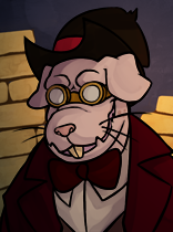 Size: 156x210 | Tagged: artist needed, source needed, safe, verko, naked mole rat, equestria at war mod, bowtie, bust, clothes, goggles, hat, portrait, smiling, smirk, solo, suit, top hat