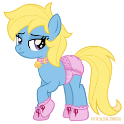 Size: 1000x1001 | Tagged: safe, artist:jennieoo, oc, oc:cream, earth pony, pony, bell, bell collar, collar, diaper, looking at you, mittens, non-baby in diaper, patreon, patreon reward, show accurate, simple background, sketch, smiling, smiling at you, solo, transparent background