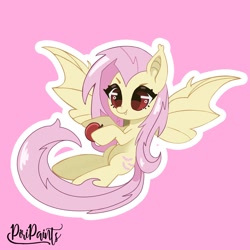 Size: 1200x1200 | Tagged: safe, artist:piripaints, fluttershy, bat pony, pony, g4, apple, bat ponified, chibi, cute, flutterbat, food, herbivore, pink background, race swap, shyabates, shyabetes, signature, simple background, solo, spread wings, wings