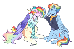Size: 3300x2200 | Tagged: safe, artist:monnarcha, rainbow dash, oc, oc:rainbow storm, draconequus, pegasus, pony, g4, clothes, draconequus oc, duo, duo female, eyebrows, eyes closed, female, folded wings, grin, high res, jacket, mare, older, older rainbow dash, patting, simple background, sitting, smiling, transparent background, wings