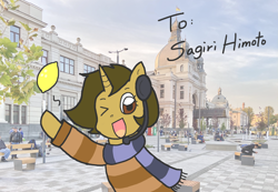 Size: 1280x885 | Tagged: safe, artist:foxy1219, oc, oc only, oc:sagiri himoto, human, pony, unicorn, brown coat, city, clothes, ears, ears up, food, gift art, headphones, irl, lemon, looking at you, lviv, one eye closed, photo, photography, ponies in real life, scarf, smiling, solo, sweater, ukraine, waving, waving at you, wink