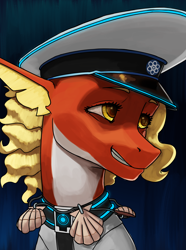 Size: 3120x4200 | Tagged: source needed, safe, artist:neither, oc, oc only, oc:posada, seapony (g4), equestria at war mod, bust, clothes, female, flowing mane, happy, jewelry, mare, military, military uniform, necklace, ocean, portrait, seapony oc, seashell necklace, smiling, solo, underwater, uniform, uniform hat, water, yellow eyes, yellow mane