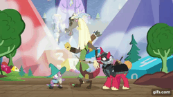 Size: 640x360 | Tagged: safe, screencap, big macintosh, discord, spike, draconequus, dragon, pony, unicorn, dungeons and discords, g4, season 6, animated, captain wuzz, dice, dungeons and dragons, eyes closed, garbuncle, gif, gifs.com, male, ogres and oubliettes, open mouth, open smile, race swap, sir mcbiggen, smiling, staff, stallion, trio, unicorn big mac