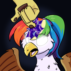 Size: 1280x1280 | Tagged: safe, artist:literalwhooves, discord, oc, oc:rainbow feather, griffon, hippogriff, g4, glowing, glowing eyes, griffon oc, interspecies offspring, magic, magic aura, magical lesbian spawn, offspring, parent:gilda, parent:rainbow dash, parents:gildash, poking, story included