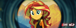 Size: 4094x1528 | Tagged: safe, artist:alex mlp, edit, edited screencap, screencap, sunset shimmer, human, equestria girls, equestria girls specials, g4, my little pony equestria girls: better together, my little pony equestria girls: forgotten friendship, breasts, clothes, confused, cropped, cutie mark on clothes, female, geode of empathy, jewelry, leather, leather vest, looking at you, magical geodes, music video, necklace, solo, vest