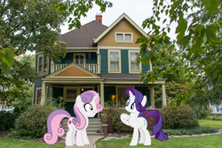 Size: 2048x1365 | Tagged: safe, artist:korsoo, artist:mlplover94, artist:sollace, rarity, sweetie belle, pony, unicorn, g4, female, grin, indiana, indianapolis, irl, mare, older, older sweetie belle, photo, ponies in real life, siblings, sisters, smiling