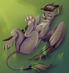 Size: 3600x3800 | Tagged: safe, artist:ske, oc, oc only, griffon, grass, green eyes, griffon oc, high res, one eye closed, paw pads, paws, solo, toe beans, underpaw, wings, wink