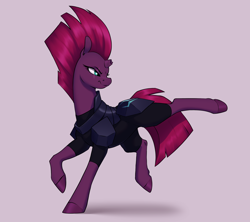 Size: 3600x3200 | Tagged: safe, artist:aquaticvibes, tempest shadow, pony, unicorn, g4, armor, broken horn, female, frown, glare, high res, horn, horses doing horse things, kicking, looking back, mare, raised hoof, scar, simple background, solo, white background
