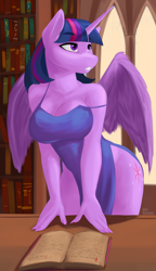 Size: 2561x4447 | Tagged: safe, artist:kelkessel, twilight sparkle, alicorn, anthro, big breasts, book, bookshelf, breasts, busty twilight sparkle, cleavage, clothes, dress, female, horn, library, looking back, looking up, mare, side slit, solo, spread wings, twilight sparkle (alicorn), wings