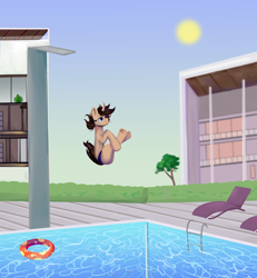 Size: 3600x3900 | Tagged: safe, artist:ske, oc, pony, unicorn, cannonball, falling, high res, solo, summer, swimming pool