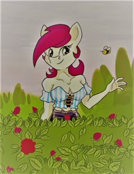 Size: 738x957 | Tagged: safe, artist:furryfantan, roseluck, bee, earth pony, insect, anthro, g4, bare shoulders, breasts, cleavage, clothes, cloud, cloudy, female, flower, looking at you, mare, midriff, outdoors, raised arm, rose, sleeveless, smiling, smiling at you, solo, strapless, tree, tube top