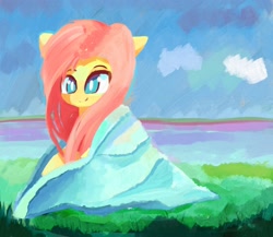 Size: 2480x2155 | Tagged: safe, artist:solid shrimp, fluttershy, pegasus, pony, g4, high res, lake, scenery, solo, towel, water, wet