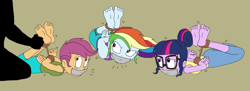 Size: 2169x788 | Tagged: safe, artist:bugssonicx, rainbow dash, sci-twi, scootaloo, twilight sparkle, human, equestria girls, g4, ass, barefoot, bondage, breasts, butt, feet, gag, help us, hogtied, silhouette, tape, tape gag, teary eyes, tied up, yoga