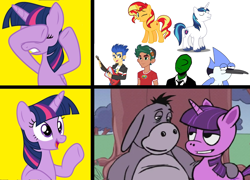 Size: 1784x1284 | Tagged: safe, flash sentry, shining armor, sunset shimmer, timber spruce, twilight sparkle, oc, oc:anon, alicorn, human, equestria girls, g4, eeyore, hotline bling, implied flashlight, implied incest, implied infidelity, implied lesbian, implied mordetwi, implied shiningsparkle, implied shipping, implied straight, implied sunsetsparkle, implied timbertwi, mad (tv series), mad magazine, male, meme, mordecai, regular show, twilight sparkle (alicorn), twiyore, winnie the pooh