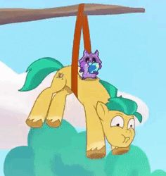 Size: 277x294 | Tagged: safe, screencap, hitch trailblazer, earth pony, pony, raccoon, raccoonicorn, g5, my bananas, my little pony: tell your tale, spoiler:tyts01e21, animated, cropped, gem, hanging, jumping, male, stallion, suspended, tree branch
