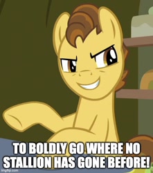 Size: 500x566 | Tagged: safe, edit, edited screencap, screencap, grand pear, earth pony, pony, g4, season 7, the perfect pear, caption, cropped, image macro, imgflip, james t kirk, male, solo, stallion, star trek, text, voice actor joke, william shatner