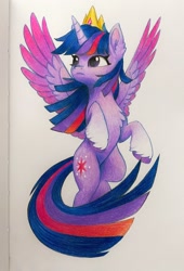 Size: 1396x2048 | Tagged: safe, artist:luminousdazzle, twilight sparkle, alicorn, pony, g4, alternate design, chest fluff, coat markings, colored hooves, colored pencil drawing, colored wings, crown, ear fluff, female, flying, gradient wings, jewelry, looking up, mare, princess, purple eyes, regalia, simple background, socks (coat markings), solo, traditional art, twilight sparkle (alicorn), unshorn fetlocks, white background, wings