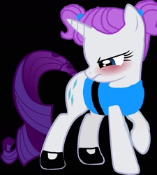 Size: 1600x1777 | Tagged: safe, artist:michaelmyersfan1993, rarity, pony, unicorn, g4, alternate hairstyle, angry, belt, black background, bubbles (powerpuff girls), clothes, crossover, dress, female, mare, pigtails, raised hoof, rarity is not amused, shoes, simple background, the powerpuff girls, unamused