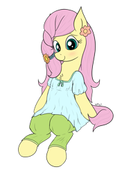 Size: 961x1274 | Tagged: safe, artist:wapamario63, fluttershy, pegasus, pony, g4, alternate hairstyle, blushing, chest fluff, clothes, colored, cute, dress, female, flat colors, flower, looking at you, mare, pants, shyabetes, simple background, sitting, solo, transparent background