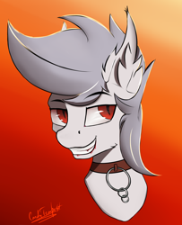 Size: 1566x1932 | Tagged: safe, artist:cmdrtempest, oc, oc only, bat pony, pony, blood, bust, collar, cute, ear fluff, eyeshadow, looking at you, makeup, shadow, simple background, solo, teeth