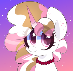 Size: 1390x1342 | Tagged: safe, artist:saveraedae, oc, oc only, oc:pink pepper, pony, unicorn, bust, female, jewelry, looking at you, mare, necklace, portrait, smiling, solo, sparkles