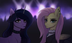 Size: 2997x1800 | Tagged: safe, artist:tanatos, fluttershy, izzy moonbow, pegasus, pony, unicorn, g5, choker, concert, duo, duo female, female, fluttergoth, goth, goth izzy, makeup, mare, spiked choker
