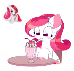 Size: 1436x1372 | Tagged: safe, artist:sidruni, plumsweet, earth pony, pony, g4, cute, drinking, headband, hooves on the table, looking down, milkshake, plumbetes, simple background, solo, table, toy, toy interpretation, white background