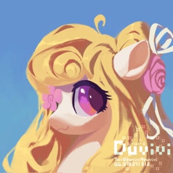 Size: 2048x2048 | Tagged: safe, artist:duvivi, oc, oc only, oc:bloom shojo, pony, blue background, bust, female, high res, looking at you, mare, portrait, profile, simple background, solo
