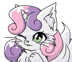 Size: 370x320 | Tagged: safe, artist:namaenonaipony, sweetie belle, cat, pony, unicorn, g4, bust, catified, chest fluff, cute, diasweetes, ear fluff, female, horn, kitty belle, one eye closed, simple background, solo, species swap, white background