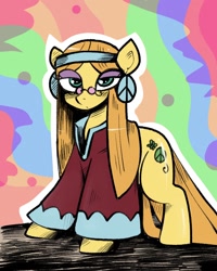 Size: 1200x1500 | Tagged: safe, artist:yuka_mono195, wheat grass, earth pony, pony, g4, clothes, eye clipping through hair, female, glasses, lidded eyes, looking at you, mare, rainbow background, solo