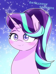 Size: 768x1024 | Tagged: safe, artist:zeon_starlight, starlight glimmer, pony, unicorn, g4, blue background, bust, cute, female, glimmerbetes, gradient background, horn, mare, portrait, simple background, smiling, solo, sparkles, stars, text