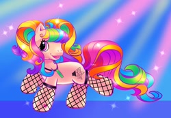 Size: 2048x1421 | Tagged: safe, artist:lemoocado, oc, oc only, earth pony, pony, fishnet stockings, glowstick, solo