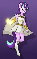 Size: 1511x2373 | Tagged: safe, artist:moonatik, starlight glimmer, unicorn, anthro, unguligrade anthro, g4, abstract background, belt, boots, cape, clothes, crossover, dress, female, grin, looking at you, magic, mare, namesake, pun, s5 starlight, shoes, smiling, solo, starlight (the boys), superhero, the boys, visual pun