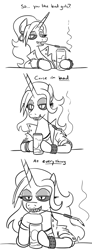 Size: 433x1179 | Tagged: safe, artist:jargon scott, oc, oc only, oc:dyx, alicorn, pony, bedroom eyes, beer can, black and white, cigarette, cigarette holder, clothes, comic, dialogue, ear piercing, earring, eyeshadow, female, grayscale, grin, hooped earrings, jacket, jewelry, lipstick, looking at you, makeup, mare, monochrome, older, older dyx, piercing, sharp teeth, simple background, smiling, smiling at you, smoking, solo, studded bracelet, talking to viewer, teeth, white background