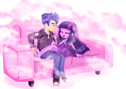 Size: 1600x1132 | Tagged: safe, artist:jucamovi1992, flash sentry, twilight sparkle, human, equestria girls, g4, barefoot, clothes, commission, converse, couch, cute, denim, duo, eyes closed, feet, female, fetish, foot fetish, hoodie, jeans, male, pants, ship:flashlight, shipping, shirt, shoes, skirt, straight, tickling, twiabetes