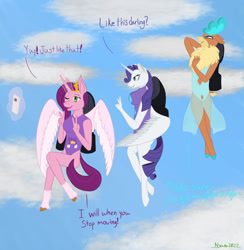 Size: 1280x1311 | Tagged: safe, artist:nyada, pipp petals, rarity, velvet (tfh), alicorn, deer, pegasus, reindeer, anthro, them's fightin' herds, g5, alicornified, cellphone, clothes, community related, dialogue, female, flying, glowing, glowing horn, headband, horn, jetpack, jewelry, leotard, mare, one eye closed, phone, pippcorn, race swap, raricorn, regalia, sky, sky background, smartphone, trio, trio female