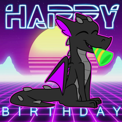 Size: 2500x2500 | Tagged: safe, artist:grandfinaleart, oc, oc only, oc:coal, dragon, birthday, digital art, dragon oc, fangs, gift art, high res, non-pony oc, party horn, retrowave, sitting, smiling, solo, sunglasses, sunglasses on head, synthwave, tron, tron legacy, wings