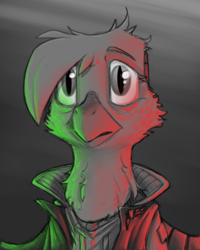 Size: 800x1000 | Tagged: safe, artist:sinrar, gilda, griffon, g4, bust, clothes, female, jacket, looking at you, partial color, portrait, ruffled feathers, solo, worried