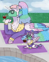 Size: 1500x1900 | Tagged: safe, artist:cluterdrop, princess celestia, princess flurry heart, alicorn, pony, g4, aunt and niece, bathrobe, clothes, colored wings, cucumber, drink, drinking, drinking straw, duo, female, filly, filly flurry heart, foal, folded wings, food, glass, juice, levitation, lying down, magic, majestic as fuck, mare, mud mask, multicolored wings, older, older flurry heart, prone, robe, spread wings, swimming pool, telekinesis, wine glass, wings