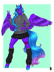 Size: 1446x1900 | Tagged: safe, artist:natt333, oc, oc only, oc:violet aura, pegasus, anthro, unguligrade anthro, braid, clothes, commissioner:solar aura, hoodie, leg warmers, open mouth, open smile, peace sign, skirt, smiling, solo