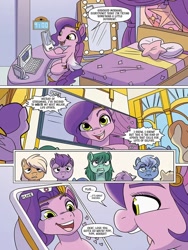 Size: 768x1024 | Tagged: safe, idw, pipp petals, pegasus, pony, g5, spoiler:comic, spoiler:g5comic, spoiler:g5comic04, cellphone, computer, confused, female, headband, heart, jewelry, mare, phone, pillow, pipp pipp hooray, preview, regalia, smartphone, stars