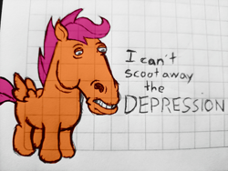 Size: 4000x3000 | Tagged: artist needed, source needed, safe, scootaloo, pegasus, pony, g4, bojack horseman, crossover, cursed image, cutie mark crusaders, depressed, depression, graph paper, hoers, solo, text, traditional art