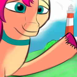 Size: 4000x4000 | Tagged: safe, artist:porcellusketch, sunny starscout, earth pony, pony, g5, absurd resolution, female, lighthouse, looking at you, mare, raised hoof, simple background, smiling, smiling at you, solo