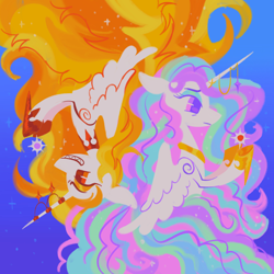 Size: 2000x2000 | Tagged: safe, artist:peaceandlove26, daybreaker, princess celestia, alicorn, pony, g4, duo, female, high res, horn, horn jewelry, jewelry, mare, missing accessory, rotational symmetry