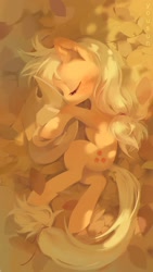 Size: 1080x1920 | Tagged: safe, artist:syq93793068, applejack, earth pony, pony, g4, applejack's hat, cowboy hat, cute, eyes closed, female, hat, hatless, jackabetes, leaf, lying down, mare, missing accessory, on side, profile, sleeping, solo