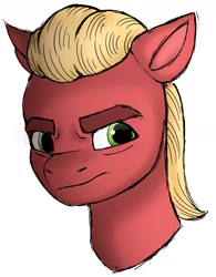 Size: 1427x1832 | Tagged: safe, artist:dancingkinfiend, derpibooru exclusive, sprout cloverleaf, earth pony, pony, g5, my little pony: a new generation, angry, blonde hair, blonde mane, bust, ears back, eyebrows down, frown, green eyes, male, portrait, red fur, rough sketch, shading, simple background, sketch, solo, stallion, white background